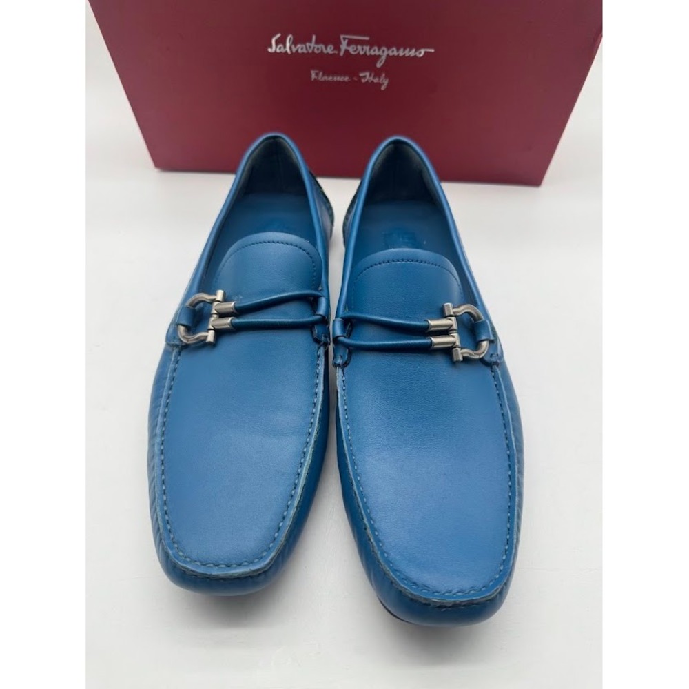 Salvatore Ferragamo Paris Blue Leather Gancini Driver Loafers MS 40988 Mens 8.5D